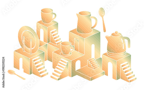 Whimsical arrangement of kitchenware on geometric platforms with stairs