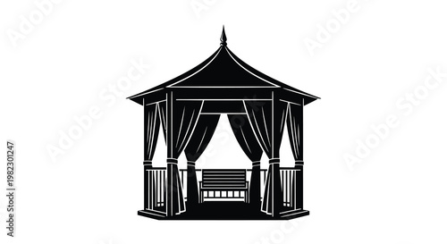 A black and white illustration depicting a classic gazebo with draped curtains and a bench