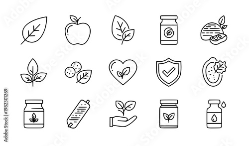 A set of minimalist icons representing healthy eating and nutrition concepts