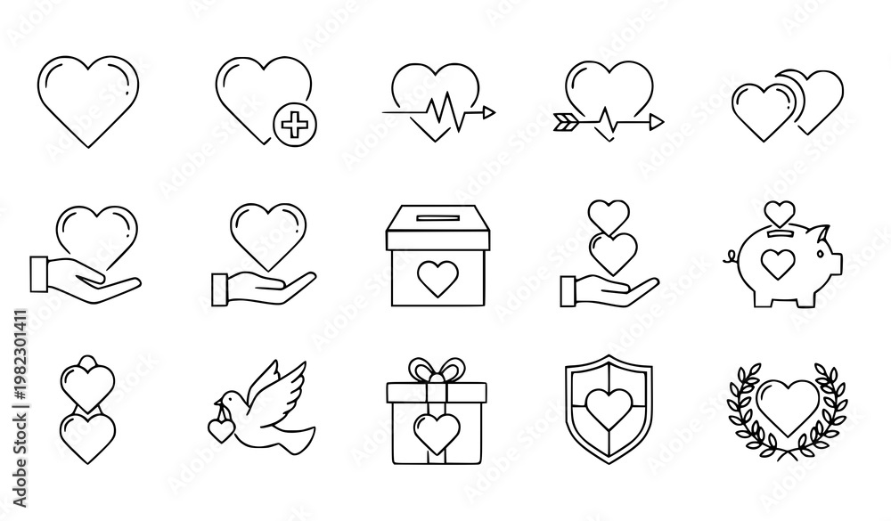 Fototapeta premium A set of minimalist heart icons and illustrations for love and charity