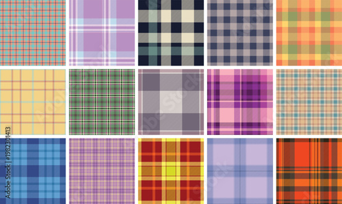 Plaid collection designed for lifestyle products. The pack suits greeting cards, planners, gift tags, and DIY sets. Seamless vectors feel continuous.