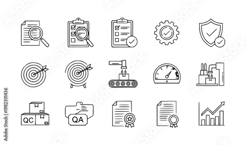 A set of quality control and assurance icons in a flat line art style