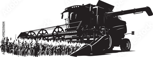 Black combine harvester, agricultural machinery, farming equipment, silhouette illustration