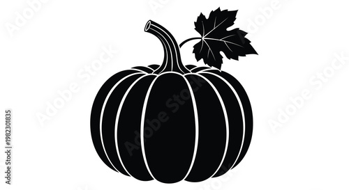A stylized black silhouette depicts a pumpkin with a stem and single maple leaf high quality
