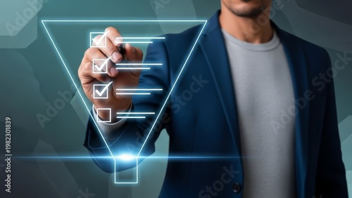 Man in a suit uses a stylus to mark checkboxes on a digital sales funnel diagram.