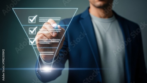 Man drawing on a virtual funnel chart with checkboxes, symbolizing a sales or marketing process.