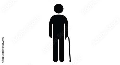 A minimalist black silhouette depicts an elderly person using a walking cane for support high quality