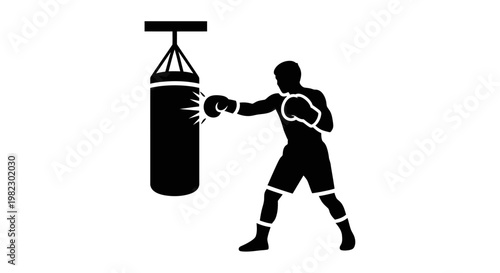 Boxer punching a punching bag in training.
