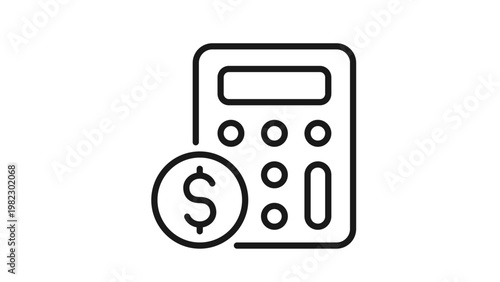 Minimalist black line vector icon illustration of a calculator with a dollar coin symbol, representing financial accounting, budget planning, tax calculations, and business money management.