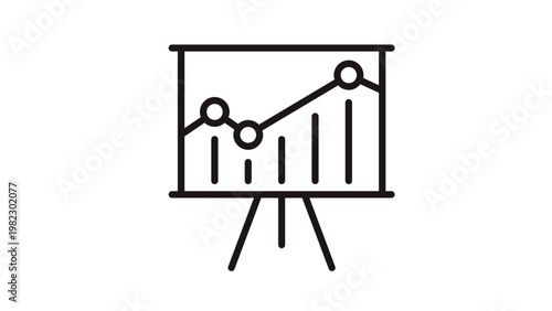 Minimalist black line vector icon of a presentation board with a line graph and bar chart, representing business data analytics, financial growth, statistics, and professional report visualization.