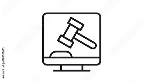 Online Law and Digital Justice Vector Icon Illustration: A Minimalist Black Line Symbol of a Judge's Gavel on a Computer Monitor Screen Representing Cyber Law, E-Court, and Virtual Auctions.