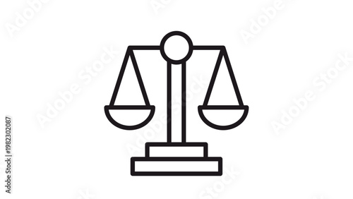 Black line vector icon of a balance scale of justice, symbolizing law, legal systems, equality, and judicial judgment, minimalist graphic illustration isolated on a white background.