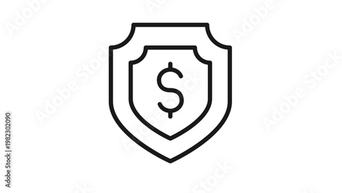 Minimalist black line art vector icon of a shield with a dollar sign symbol, representing financial security, money protection, banking safety, insurance, and secure payment transactions.