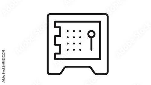 Minimalist black line vector icon of a secure metal safe or bank vault with a digital keypad and handle, symbolizing financial security, protection of valuables, and banking, isolated on white.