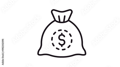 Minimalist black line art vector icon of a money bag with a dollar sign symbol inside a dashed circle, representing finance, wealth, banking, investment, savings, and profit illustration.