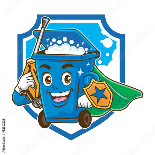 Heroic Blue Trash Bin Mascot for Cleaning and Sanitation Services