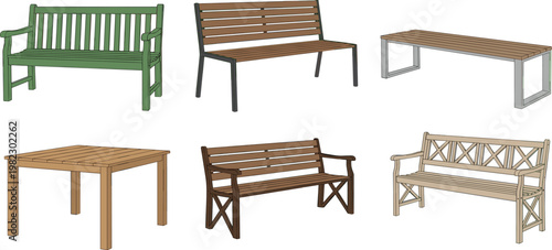 Wooden outdoor benches and tables vector collection featuring garden seating furniture designs for park patio backyard isolated illustration set