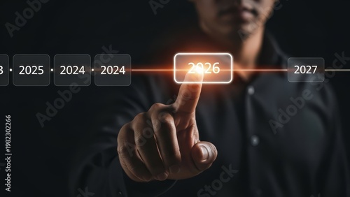 Person's finger touches the year 2026 on a futuristic timeline interface.