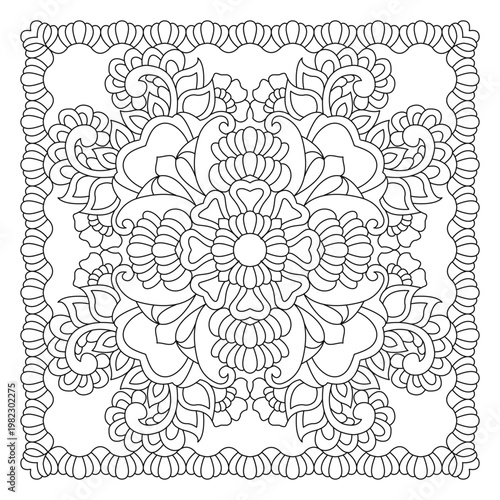 Intricate Floral Mandala Coloring Page with Decorative Border – Black and White Line Art