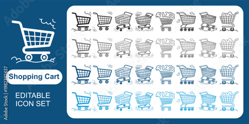 Collection of shopping cart icons in various styles and perspectives