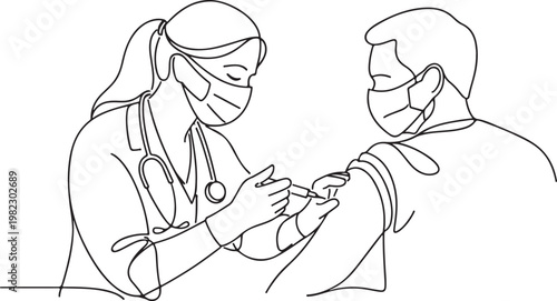 Continuous Line Drawing of Woman Doctor Giving Vaccination to Patient in Protective Masks Healthcare Concept
