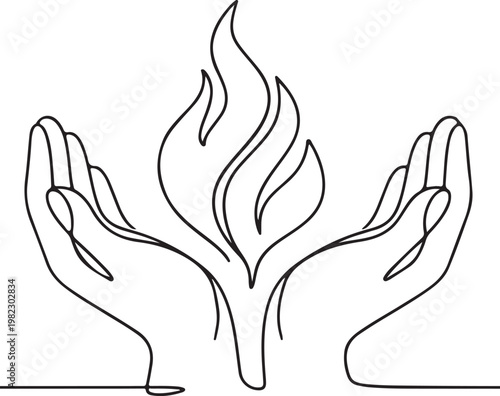 Human Hands Holding Flame Fire Line Drawing Symbol of Hope Energy and Protection
