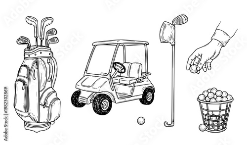 Hand Drawn Golf Elements Bag Cart Balls and Hand Sketch Vector Set