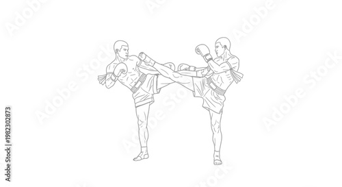 Two boxers practicing kickboxing techniques.