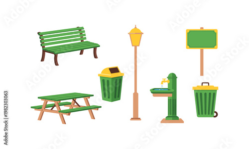 Collection of park amenities and waste disposal units in green and yellow colors