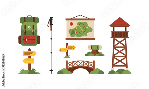 Adventure essentials and scenic trail markers in a forest setting