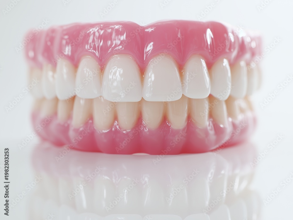 Obraz premium Realistic full dental dentures on white reflective background