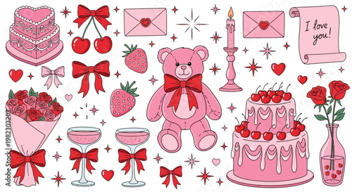 Hand-drawn valentine collection with hearts, roses, teddy bear, cakes, strawberries, bows, and envelopes