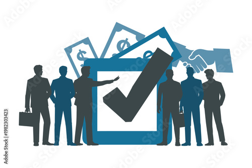 Businessmen review the election ballot.