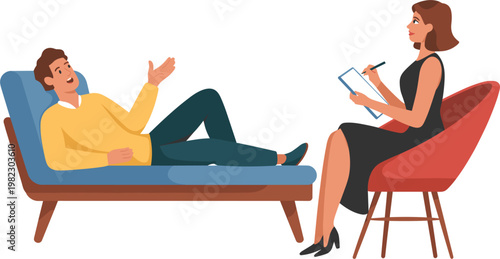 Psychotherapy session illustration, patient talking to therapist, mental health counseling vector design concept