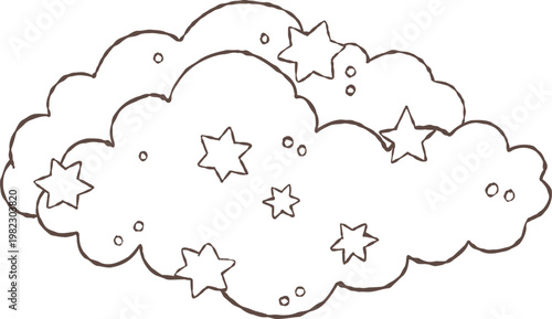 Cute cloud with tiny stars in simple doodle outline style. Clean hand-drawn line art with a light, airy feel. Minimal black and white illustration for baby themes, nursery graphics