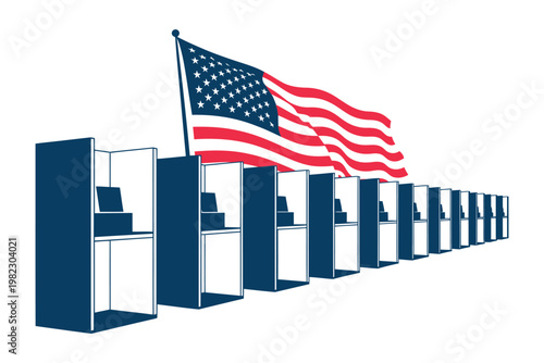 Voting booths stand in long columns.