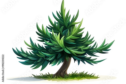 A cartoon pine tree with sharp, pointed leaves and a tall, triangular shape, isolated on a white background 