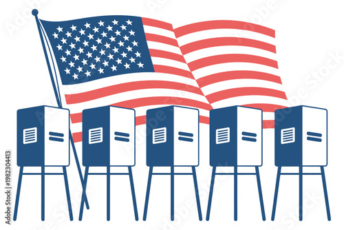Voting booths stand near large flag.