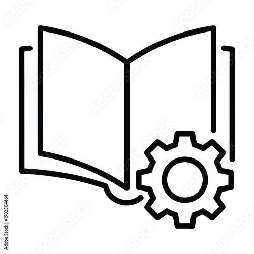 Minimalist line art icon of an open book with a gear representing a technical user manual or guide technical education