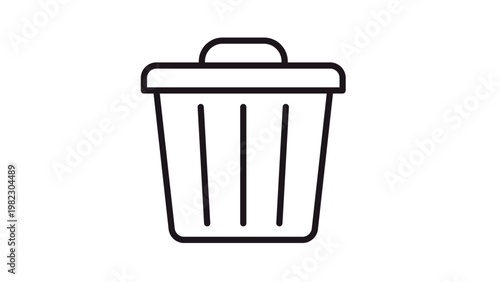 Minimalist black line trash can vector icon, rubbish bin illustration with lid and vertical stripes, symbol for waste management, garbage disposal, and delete function, scalable graphic design.