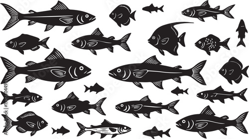 Black and white fish illustration a school of aquatic life in a hand drawn style