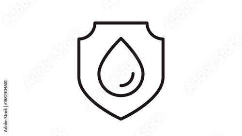 Waterproof protection vector icon illustration featuring a minimalist black line shield with a water drop symbol inside, representing liquid safety, moisture resistance, and security.
