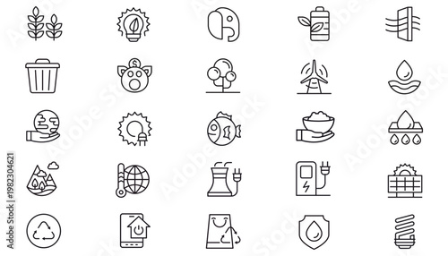Vector Icon Set of 25 Black Minimalist Line Symbols: Green Energy, Sustainability, Ecology, Solar Power, Recycling, Environment, Nature, Finance, Agriculture, Technology, and Social Issues Bundle