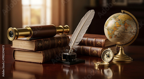 A collection of vintage books, a globe, and antique navigation tools on a wooden desk.