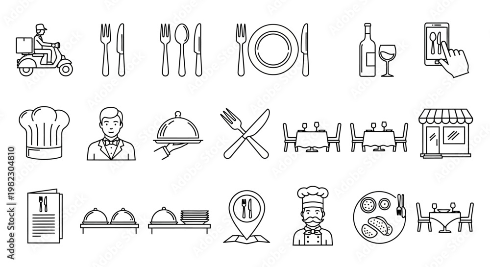 Fototapeta premium Set of line art icons representing various food and restaurant services, including delivery, dining, and catering with culinary elements