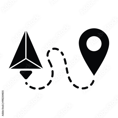 Navigation route icon illustrating a travel path from origin to a destination map pin location with navigation, location