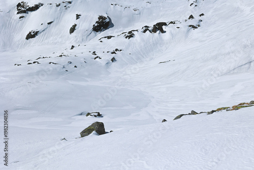 White surface of snow and rocks. Landscape abstract detail of structure and texture in the nature. Minimalism and minimalist shapes and lines.