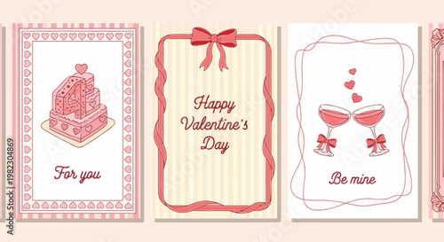 Beautiful Valentine's Day Cards Featuring Romantic Illustrations of Cake, Drinks, and Hearts