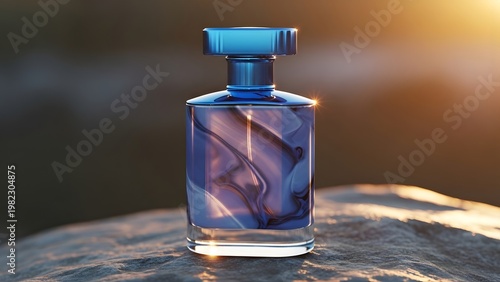 Luxury Blue Perfume Bottle Mockup on Rock at Golden Hour – Elegant Glass Fragrance Branding Template