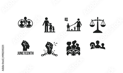 Symbols representing social justice, equality, and community empowerment concepts
